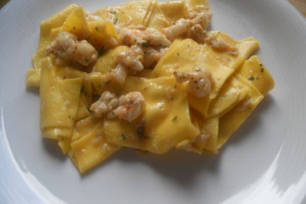 Maccheroni al ragù bianco di scampi e gallinella