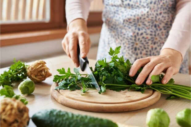 Busto di donna che taglia delle verdure in cucina