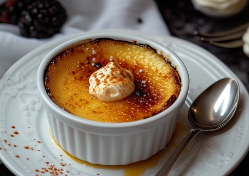 Creme,Brulee,Dessert,Topped,With,Caramelized,Sugar,And,Fresh,Berries,